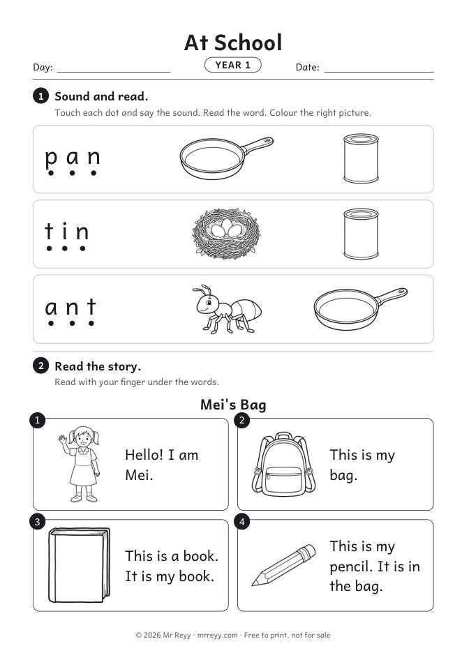 Page 1 of the Year 1 At School Lesson 2 worksheet