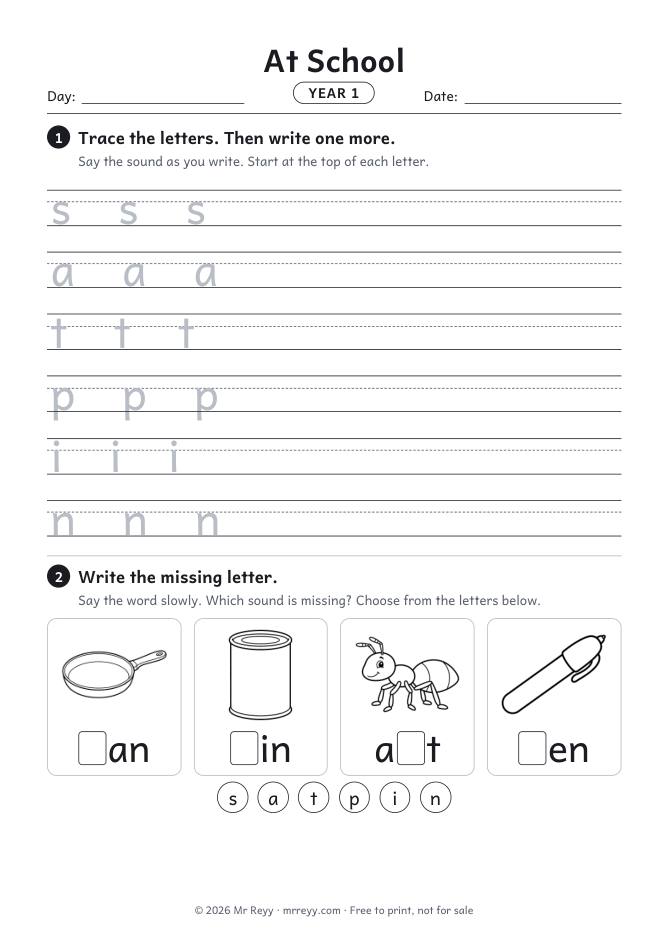 Page 1 of the Year 1 At School Lesson 3 worksheet