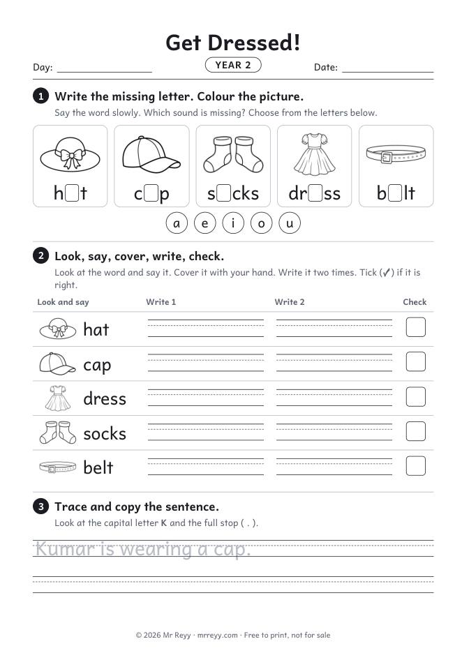 Page 1 of the Year 2 Get Dressed! Lesson 3 worksheet