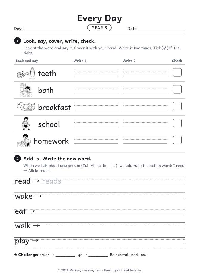 Page 1 of the Year 3 Every Day Lesson 3 worksheet